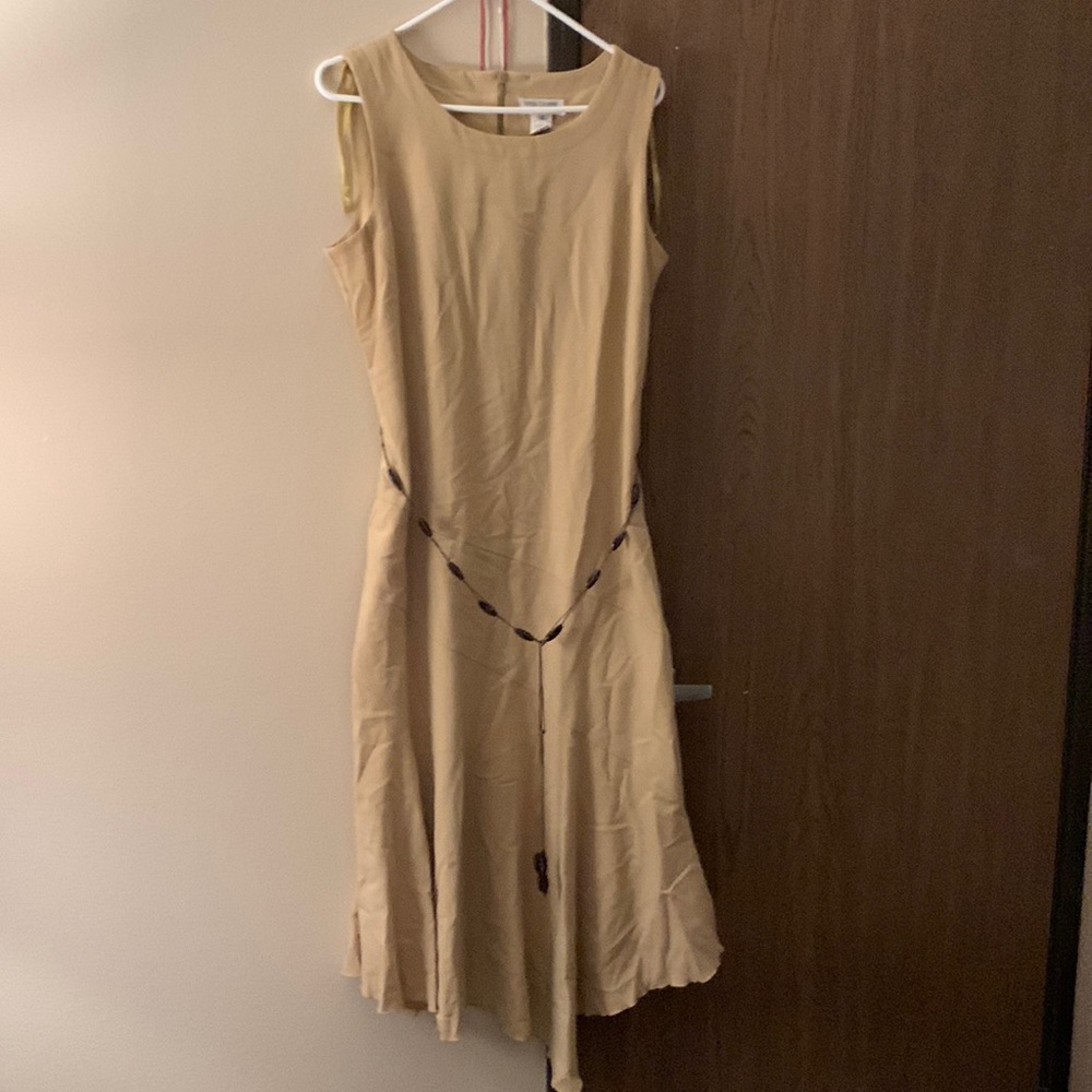 Dress by Miss Dorby. Tan with beaded belt.